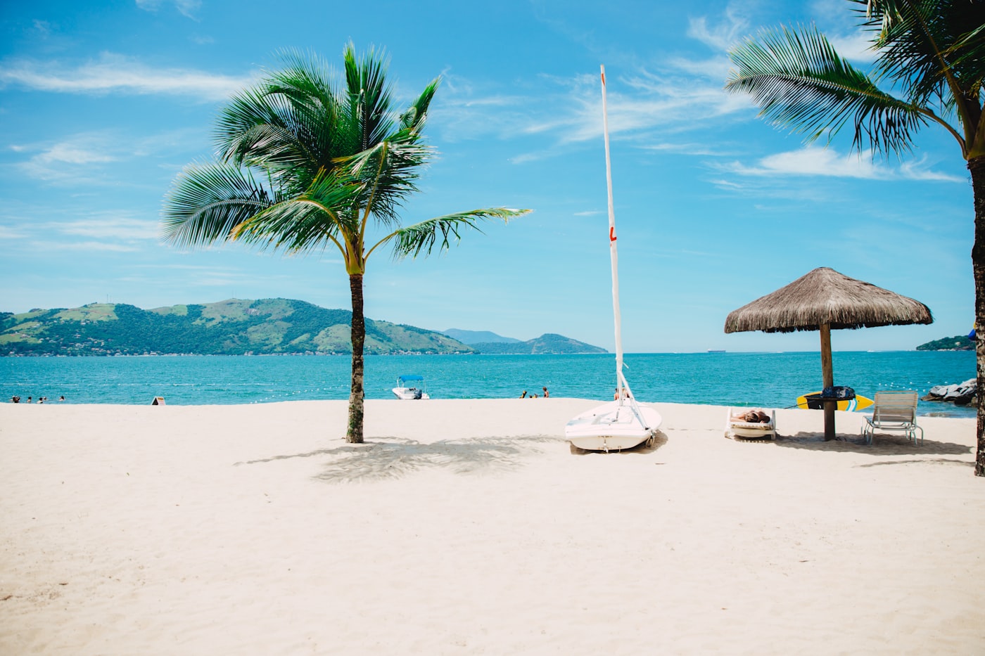 Strand aan de Costa del Sol met palmbomen en bergen op de achtergrond